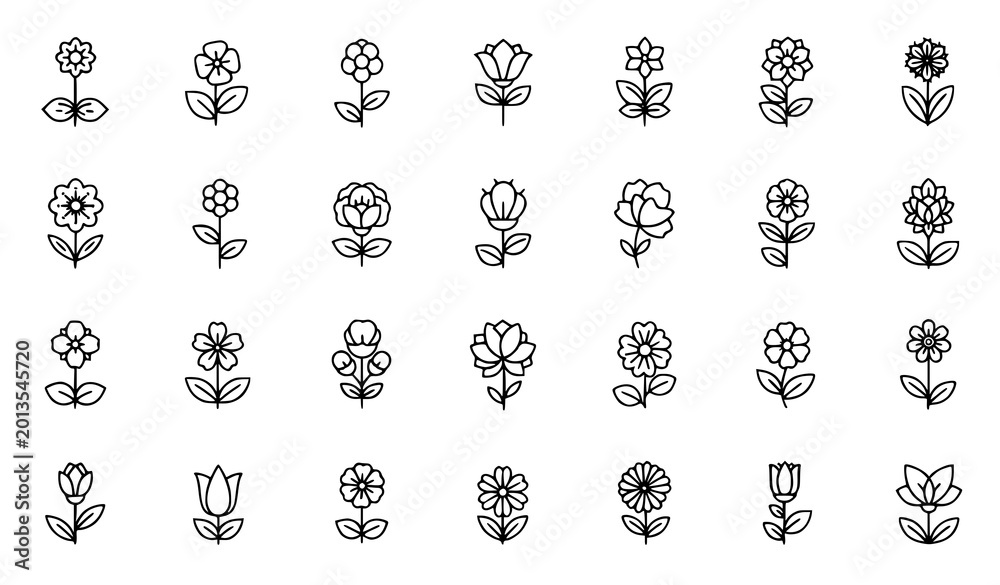 Obraz premium Flower icons vector thin line editable stroke floral illustration set