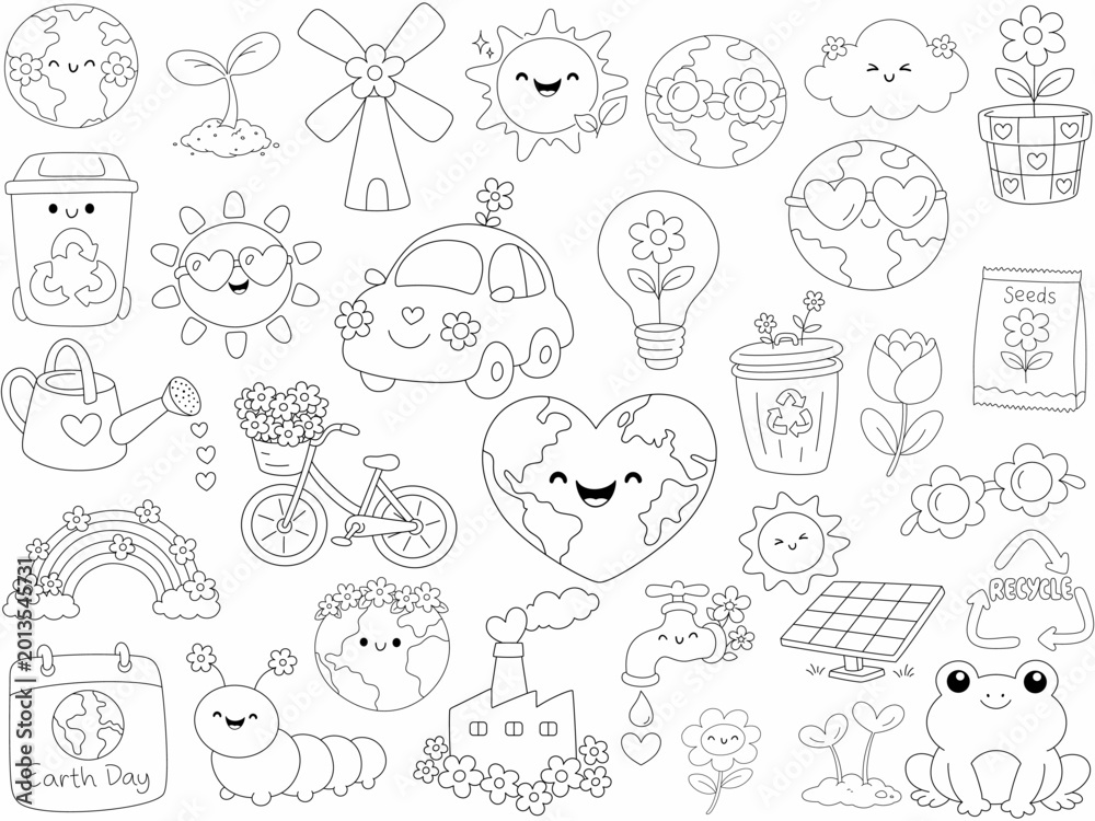 Fototapeta premium Cute illustrations celebrating Earth Day with flowers, sun, recycling, and nature themes