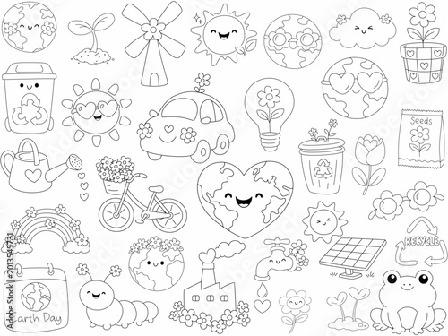 Cute illustrations celebrating Earth Day with flowers, sun, recycling, and nature themes