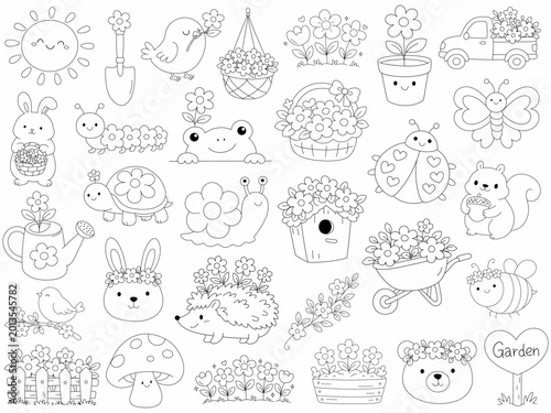 Cute garden themed illustrations featuring animals, flowers, and gardening tools create joyful