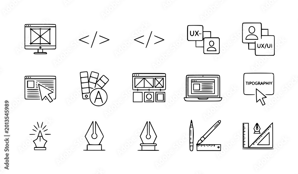 Fototapeta premium Web designer line icons vector editable stroke UX UI illustration set