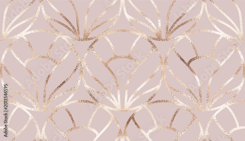 Geometric seamless pattern with gold decorative floral ornament.