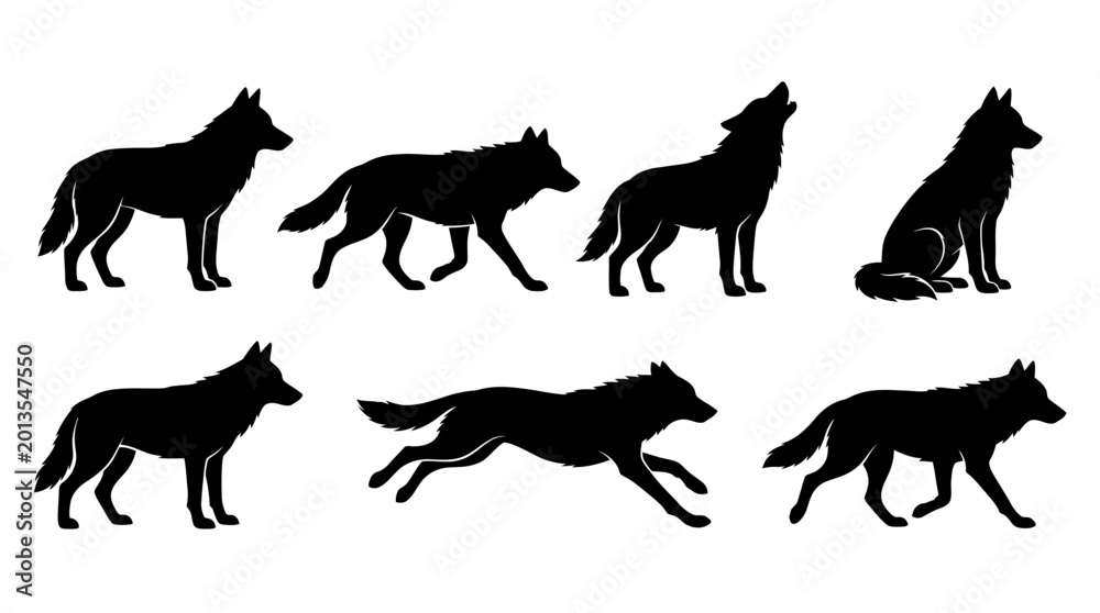 Obraz premium wolf silhouettes in side profile, solid black shapes, each in different poses such as standing.