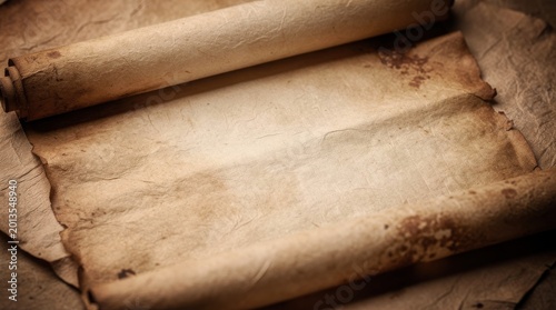 An old, weathered scroll with blank, stained parchment is partially unrolled, revealing its aged and textured surface. A vintage background full of history and mystery.