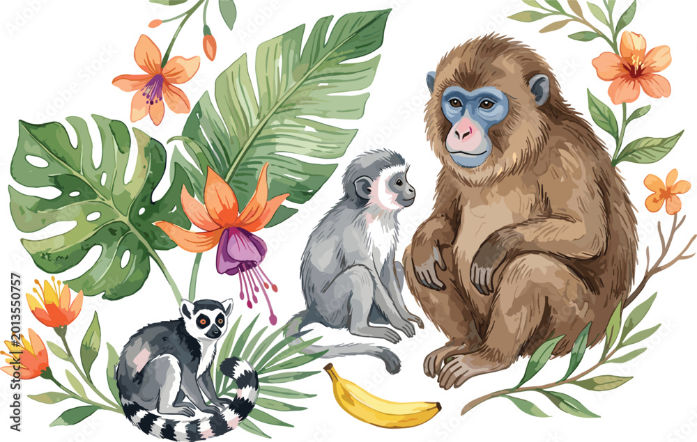 Obraz premium Wildlife Scene with Tropical Plants, Monkeys, and Lemur in a Lush Jungle Environment