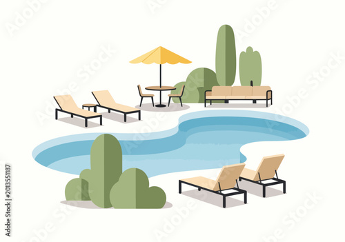 Fotografie Modern poolside lounge area with chaise lounges, umbrella, table, and sofa