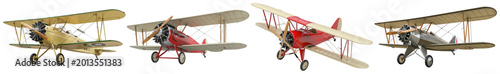Realistic 3D renders of diverse vintage biplanes in various colors, isolated on a transparent background.
