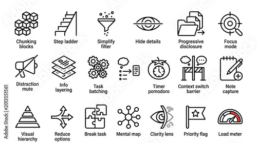 Set of black line icons with text for dark mode, isolated on transparent background.