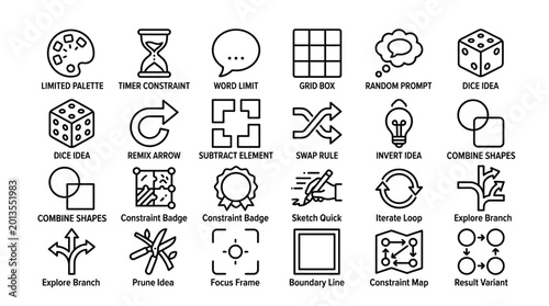 Creative brainstorming and project management line icons set for professional graphic design workflow.