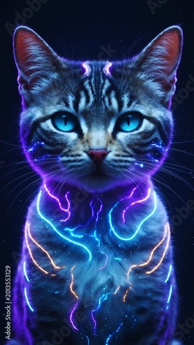 Futurstic  cat in glowing neon blue  and purple lights in the darkness