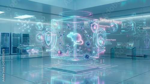 Futuristic hantavirus laboratory visualization inspired by neon cybersecurity graphics, holographic rat icon inside transparent glowing cube with floating virus symbols and digital shield interfaces