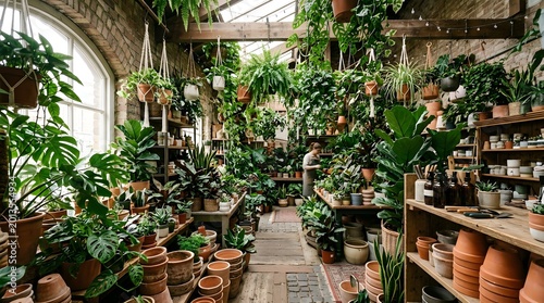 Lush indoor plant shop with hanging baskets and diverse foliage