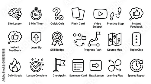 Learning and gamification line icons for online education and skill development platform design.