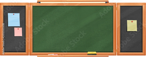 Quadro em tela Empty Classroom Blackboard and Pinboards with Notes, Chalk, and Eraser - Educati