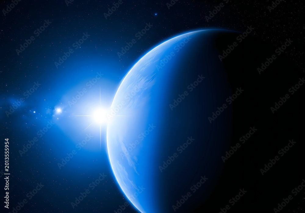 Obraz premium Blue planet in space with bright sun shining on it