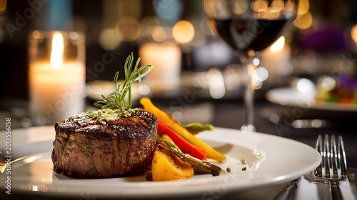 Gourmet Beef Filet Mignon Served with Roasted Vegetables in a Fine Dining Restaurant.
