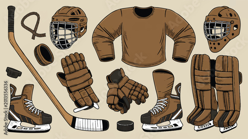Ice hockey equipment set including skates gloves helmets and sticks