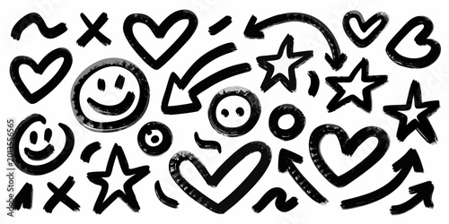 hand drawn doodle set with hearts stars arrows and smiley faces in black ink