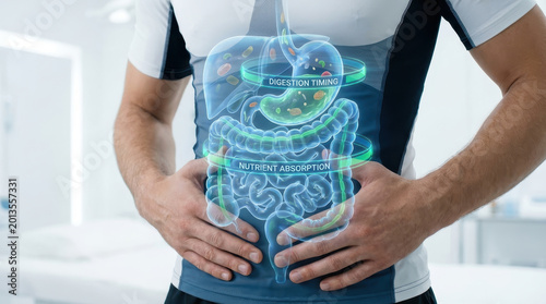 Digestive system stomach health nutrient absorption digestion timing human body anatomy medical concept healthcare wellness man torso internal organs intestines gastrointestinal transparent