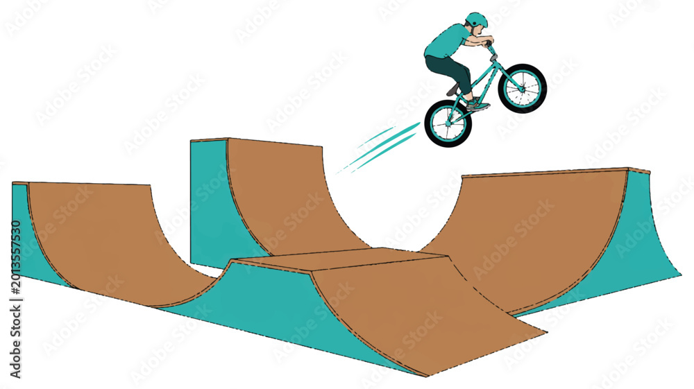 Fototapeta premium Teenager riding bicycle on a skate park ramp performing tricks