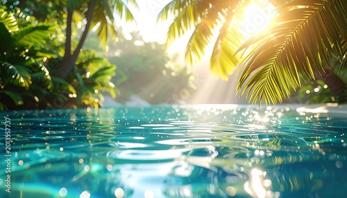 Serene tropical pool with palm trees.