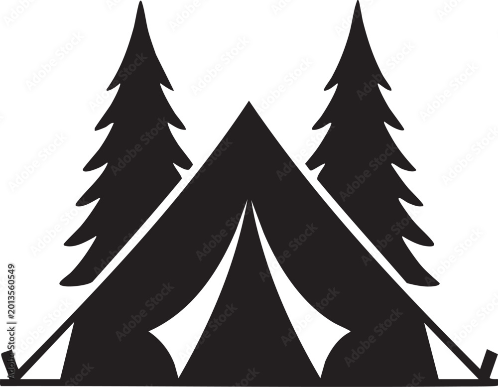 Obraz premium Camping, tent, pine trees, outdoor adventure, black silhouette, vector icon