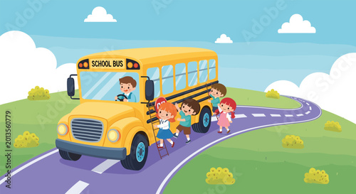Photos Cartoon School Bus Illustration with Happy Children Boarding for Back-to-School