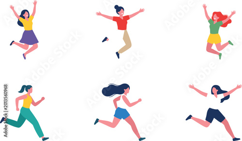 Foto Women Running and Jumping Set in Various Poses for Active Lifestyle and Fitness