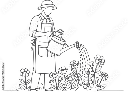 A woman waters flowers in a garden with a watering can.