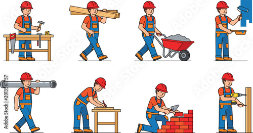 Photos Construction Worker Set with Carpentry, Bricklaying, and Material Handling for B