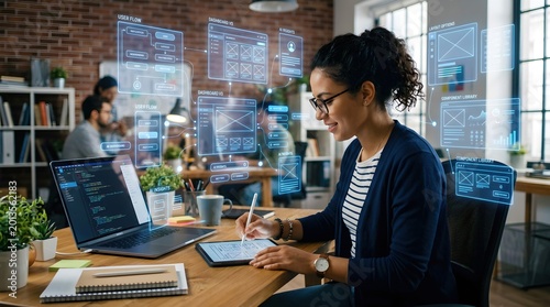 Young Woman Working on User Interface Design in Modern Office Space