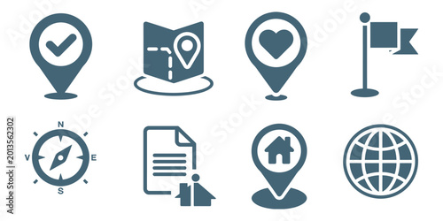 Fotografie Navigation and location icon set, map pins and direction symbols, isolated on transparent background, modern flat vector UI design elements