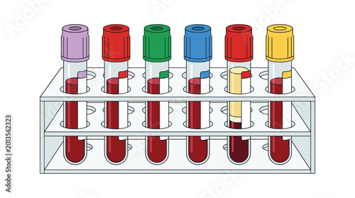 A collection of six glass test tubes with assorted colored caps displaying blood separation layers sits in a laboratory rack on a plain white background surface.