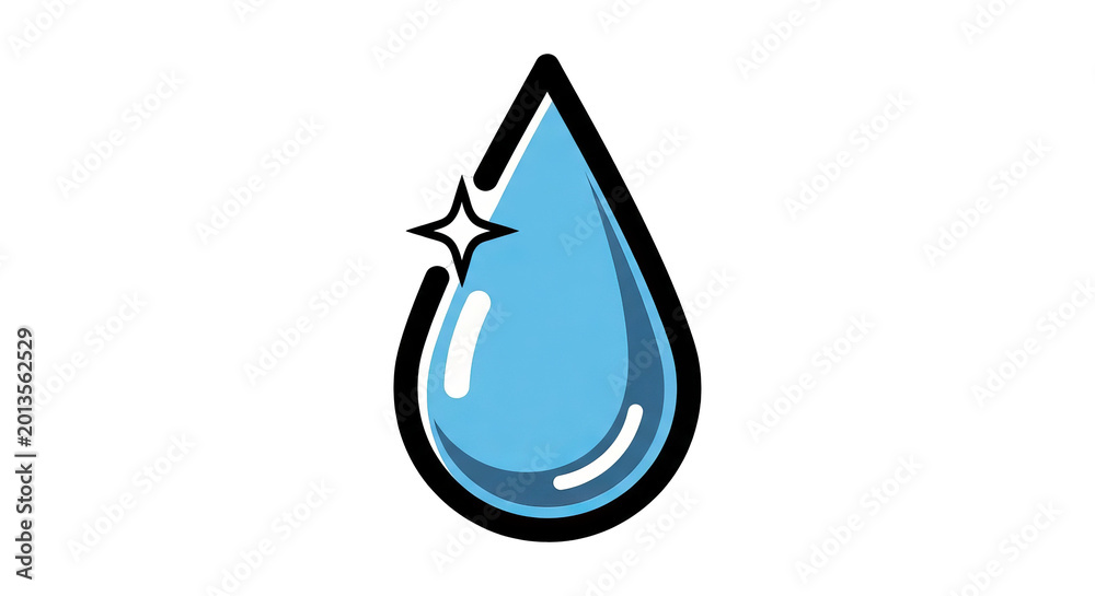 Fototapeta premium A bright blue water drop with a sparkling highlight and a thick black outline.