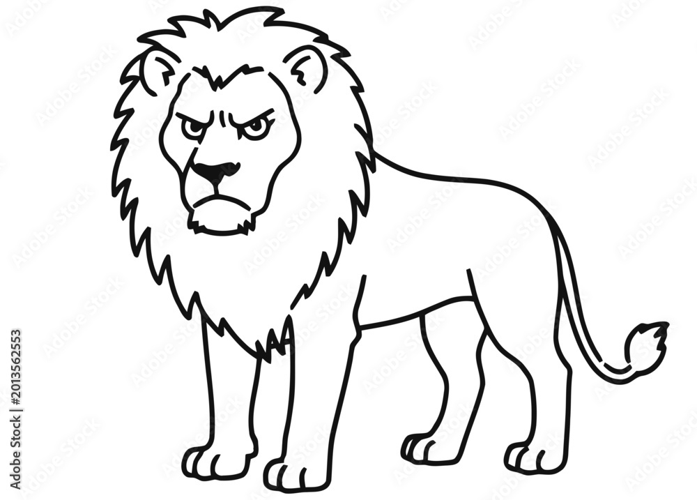 Obraz premium A lion stands fiercely in savannah landscape with mane and tail.