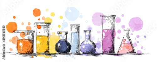 Colorful clip art illustration of science lab equipment with beakers and test tubes filled with vibrant liquids
