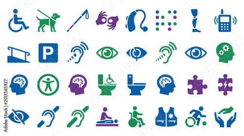 Vector Icons Set of disability and accessibility icons for diverse support needs. EPS Editable