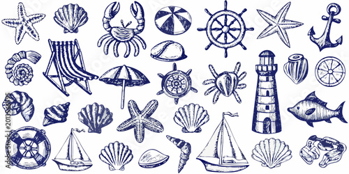 Φωτογραφία Nautical illustrations collection with seashells starfish and seaside objects