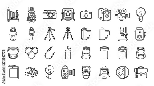 Vector Icons Set of hand drawn photography equipment icons and camera gear. EPS Editable