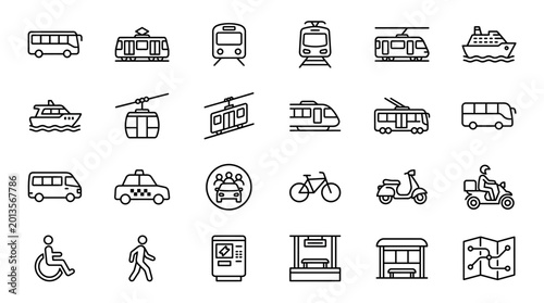 Vector Icons Set of Hand Drawn Public Transportation and Travel Icons. EPS Editable