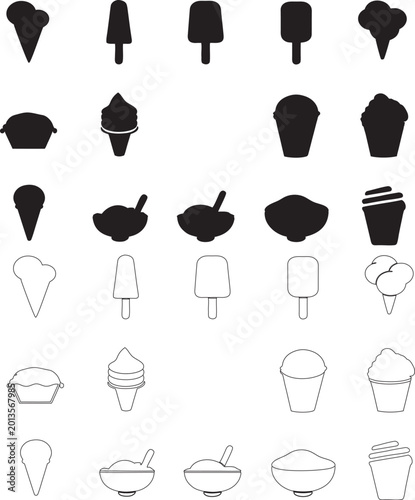 Minimalist Black Silhouette and Line Art Ice Cream Icon Set Collection