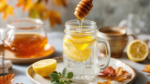 Mason jar with lemon water and honey on rustic tray near autumn window light Mason jar filled with lemon water on a fall-themed tray with herbal teas and honey pot seasonal wellness