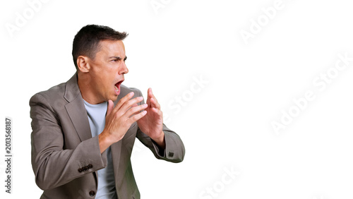 Frustrated man yelling with hands expressive on transparent background