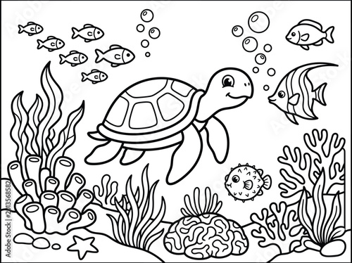 Underwater scene coloring page with a cute sea turtle, fish, coral, and seaweed for kids, offering delightful black and white line artwork for innovative fun.