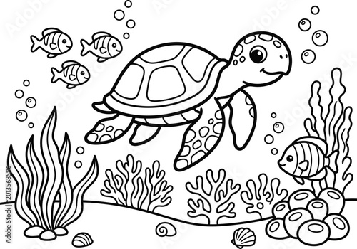 Cute sea turtle swimming among cheerful fish and various underwater plants, a elaborate coloring page with expert arrangement.