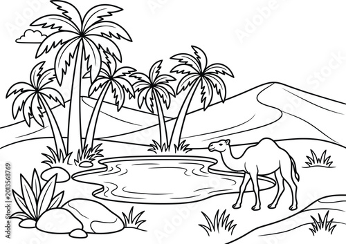 Photos Intricate desert oasis coloring page sketch featuring a camel, lush palm trees, and a tranquil pond, flawless for children