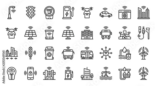 Vector Icons Set of Smart City Technology Icons in Doodle Style. EPS Editable