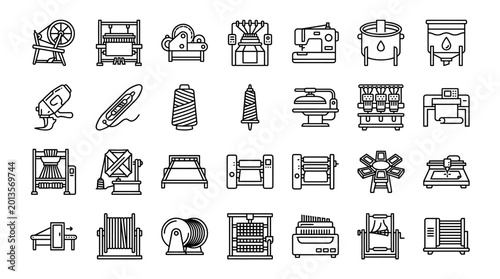 Vector Icons Set of textile manufacturing and clothing production equipment icons. EPS Editable