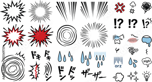 Cuadro en lienzo Manga comic effects and emotion symbols, impact bursts, motion lines, Japanese s