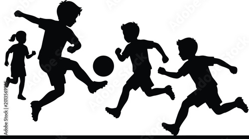 Silhouettes of energetic children playing soccer, a dynamic and fun outdoor activity, with expert structure.